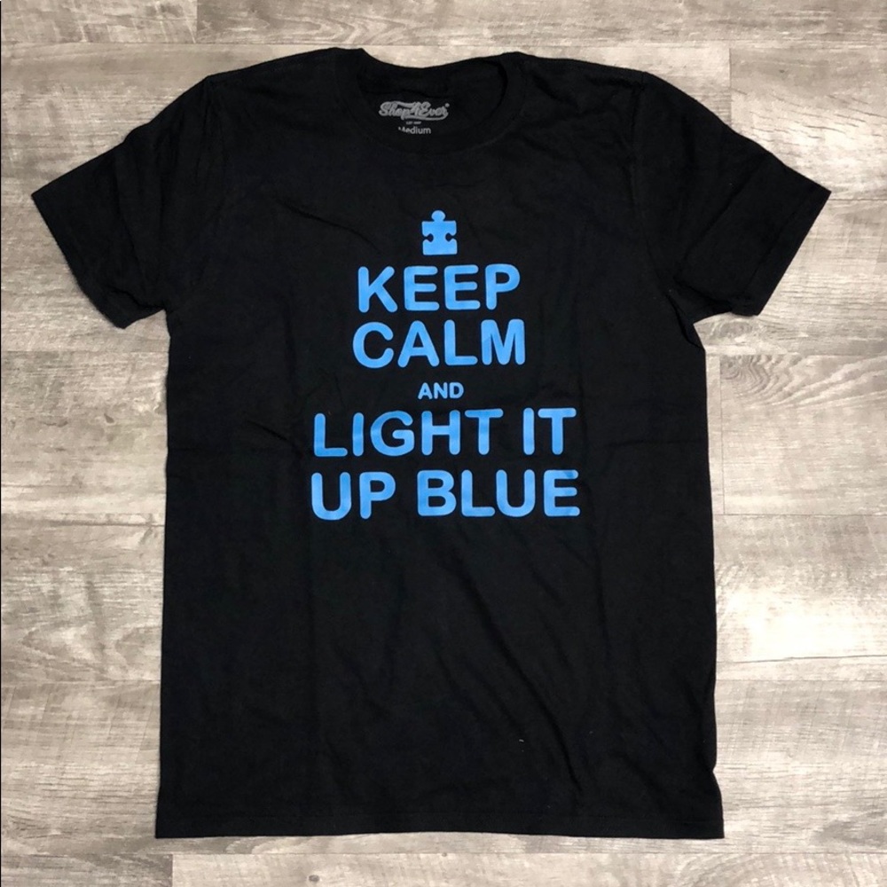 NWOT Shop4Ever Keep Calm and Light It up Blue Tee